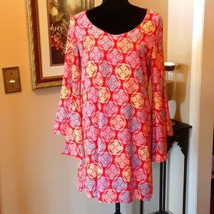 Peach Love California red blue yellow print dress Bell sleeve Lined Small…EUC